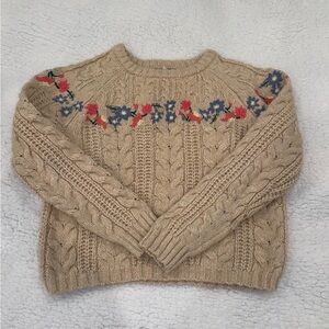 American Eagle Outfitters Tan Cable Knit Sweater with Floral Design